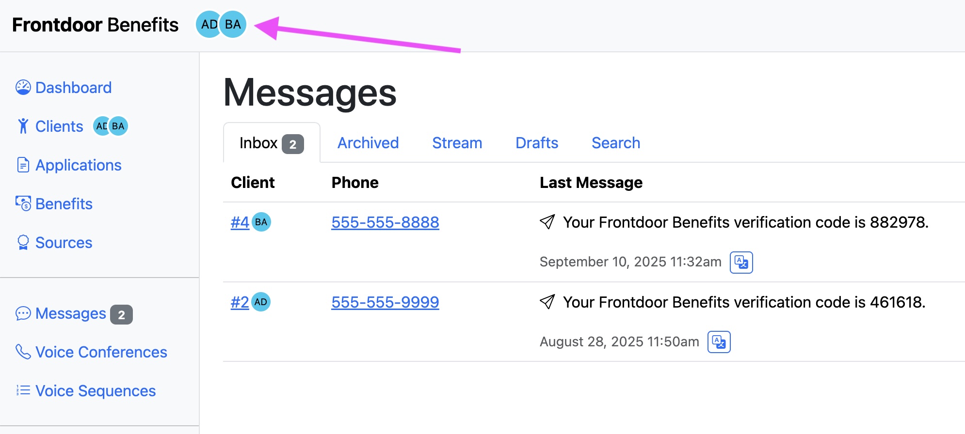 A screenshot of my application with little presence indicators decorating content